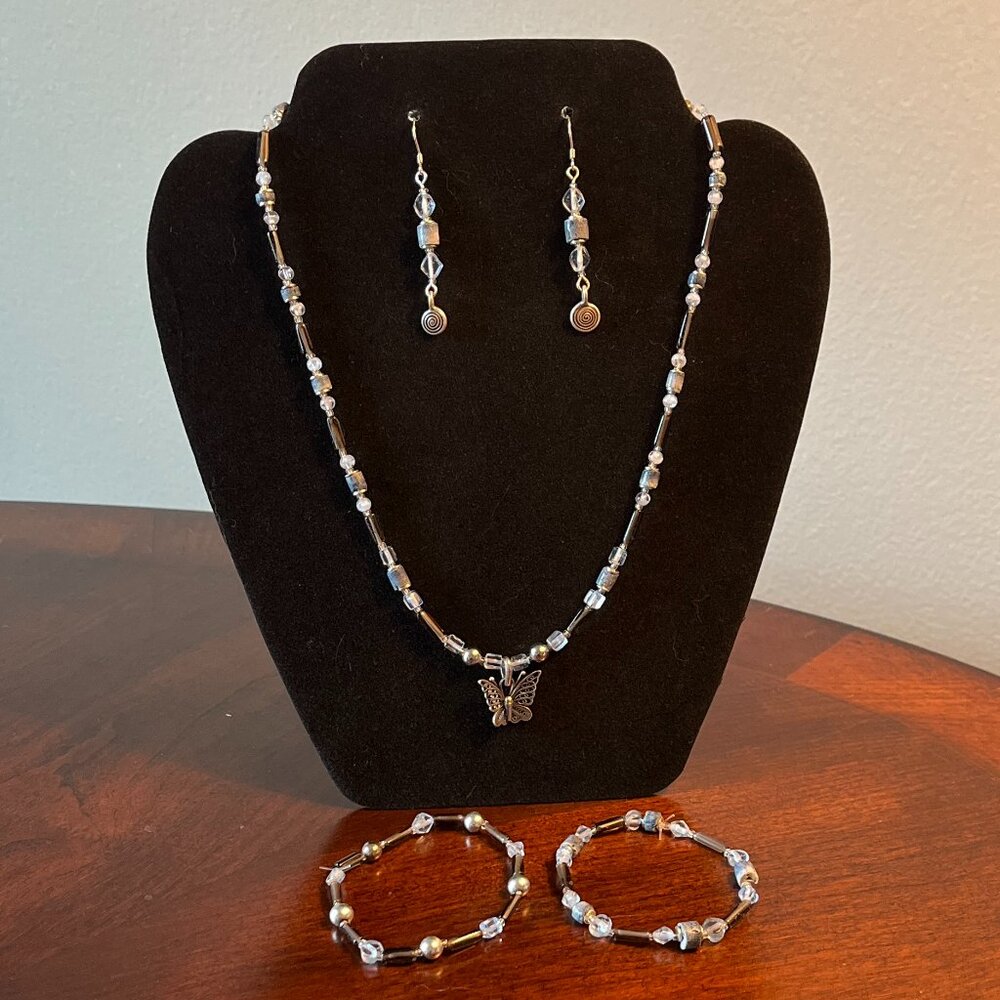 Handmade Jewelry Set - Gray and Pale Blue with Silver Butterfly Charm